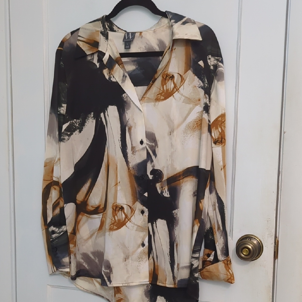 Worthington Abstract Brushstroke Button-Down Shirt in Black, Cream, Brown